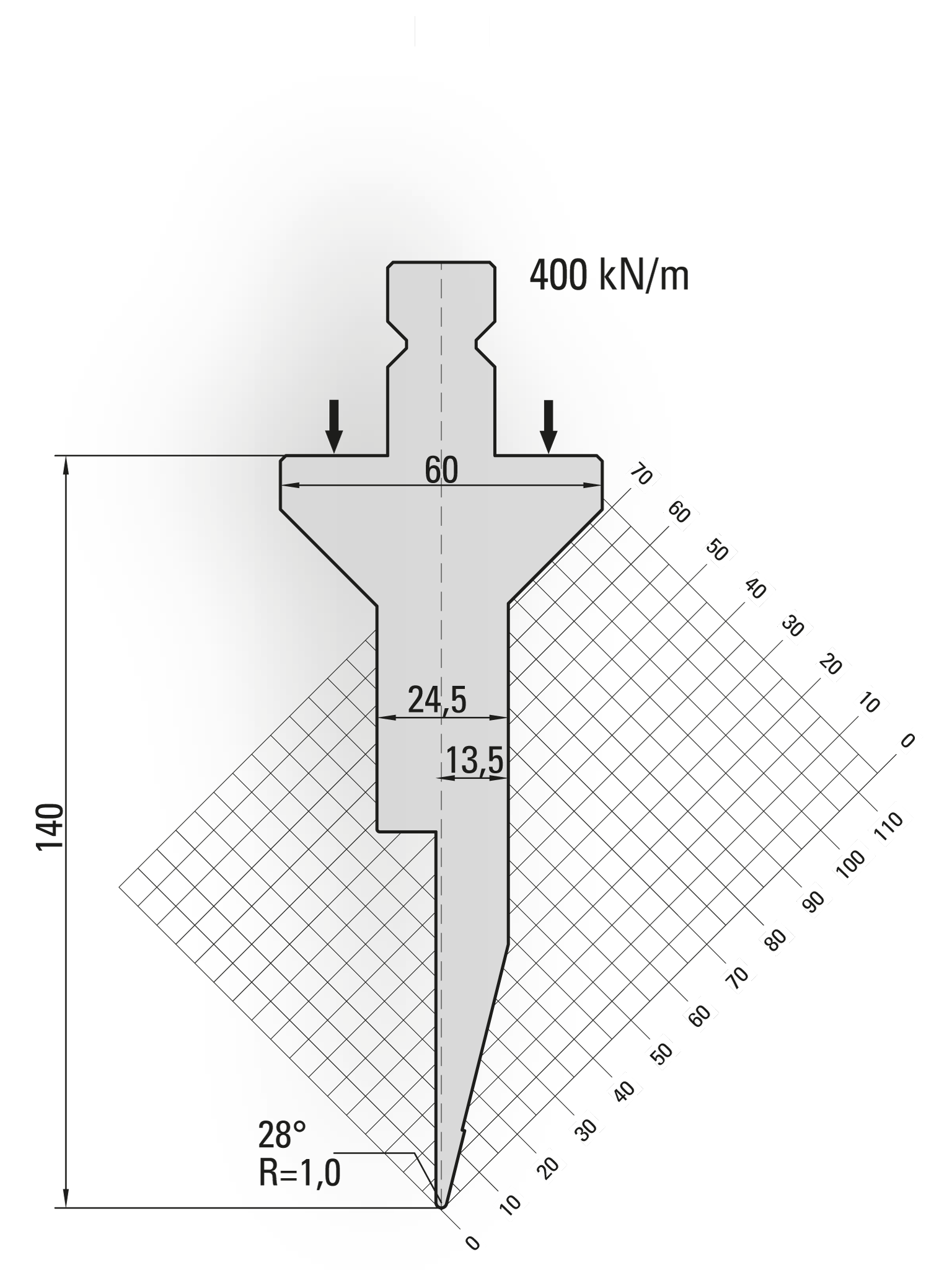 15.450-500-Pin 28° / R=1,0 / H=140 / L=500 mm v.v. Stiften