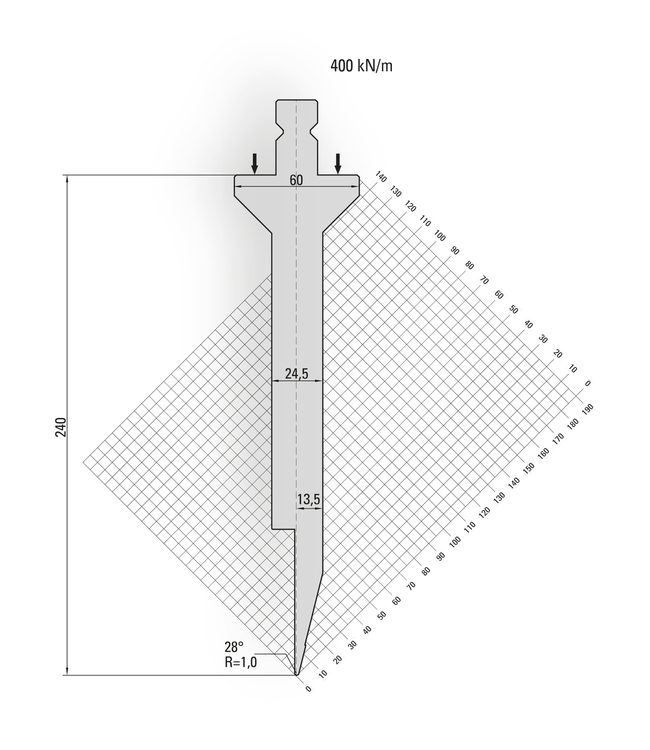 15.750-500-Pin 28° / R=1,0 / H=240 / L=500 mm v.v. Stiften