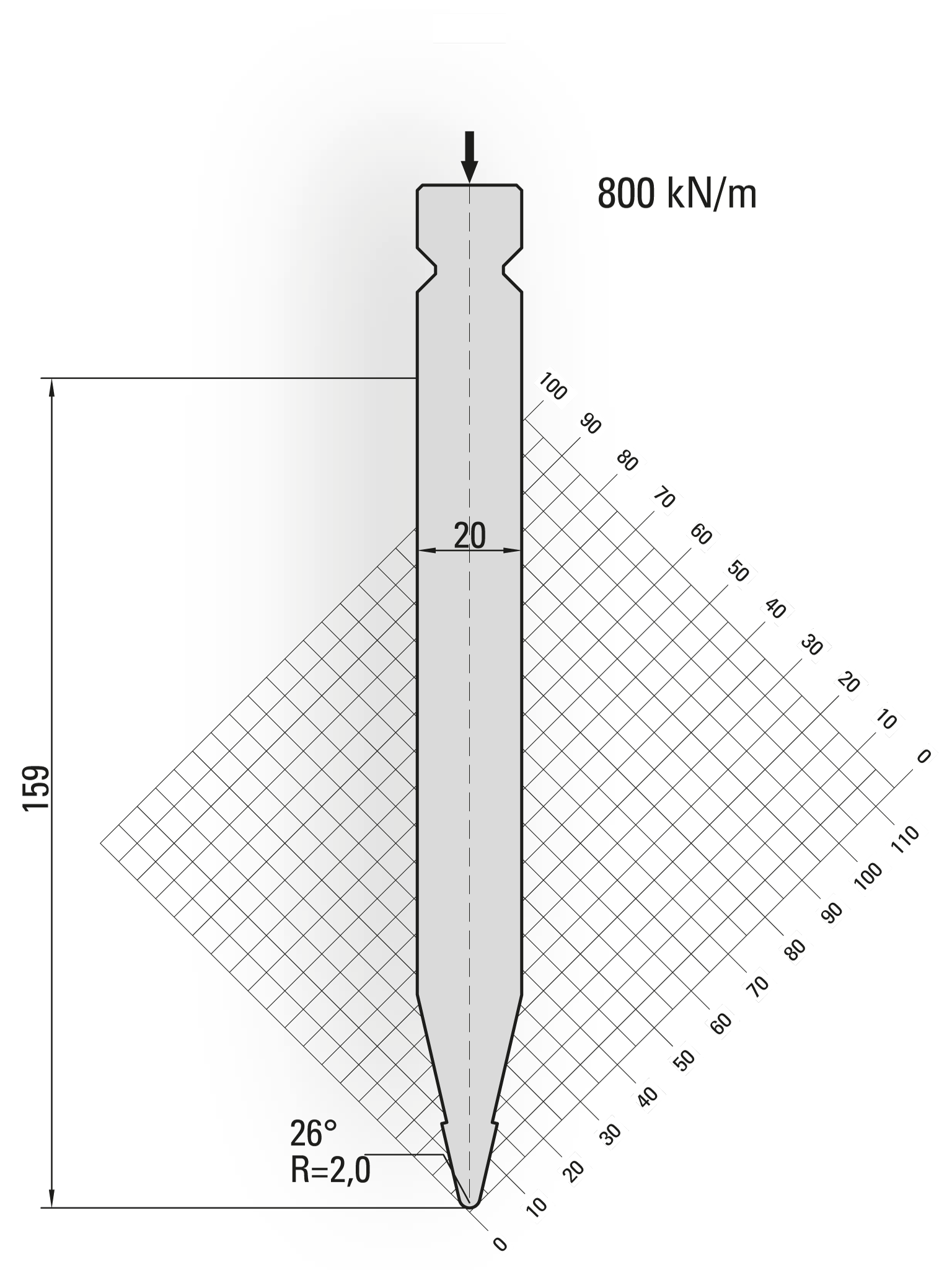 16.204-510-Pin 26° / R=2,0 / H=159 / L=510 mm