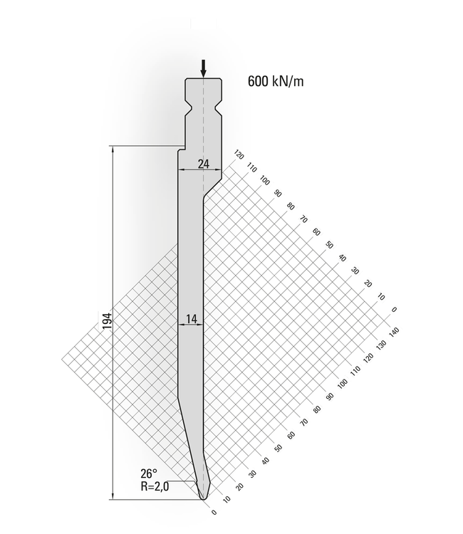 16.208-510-Pin 26° / R=2,0 / H=194 / L=510 mm