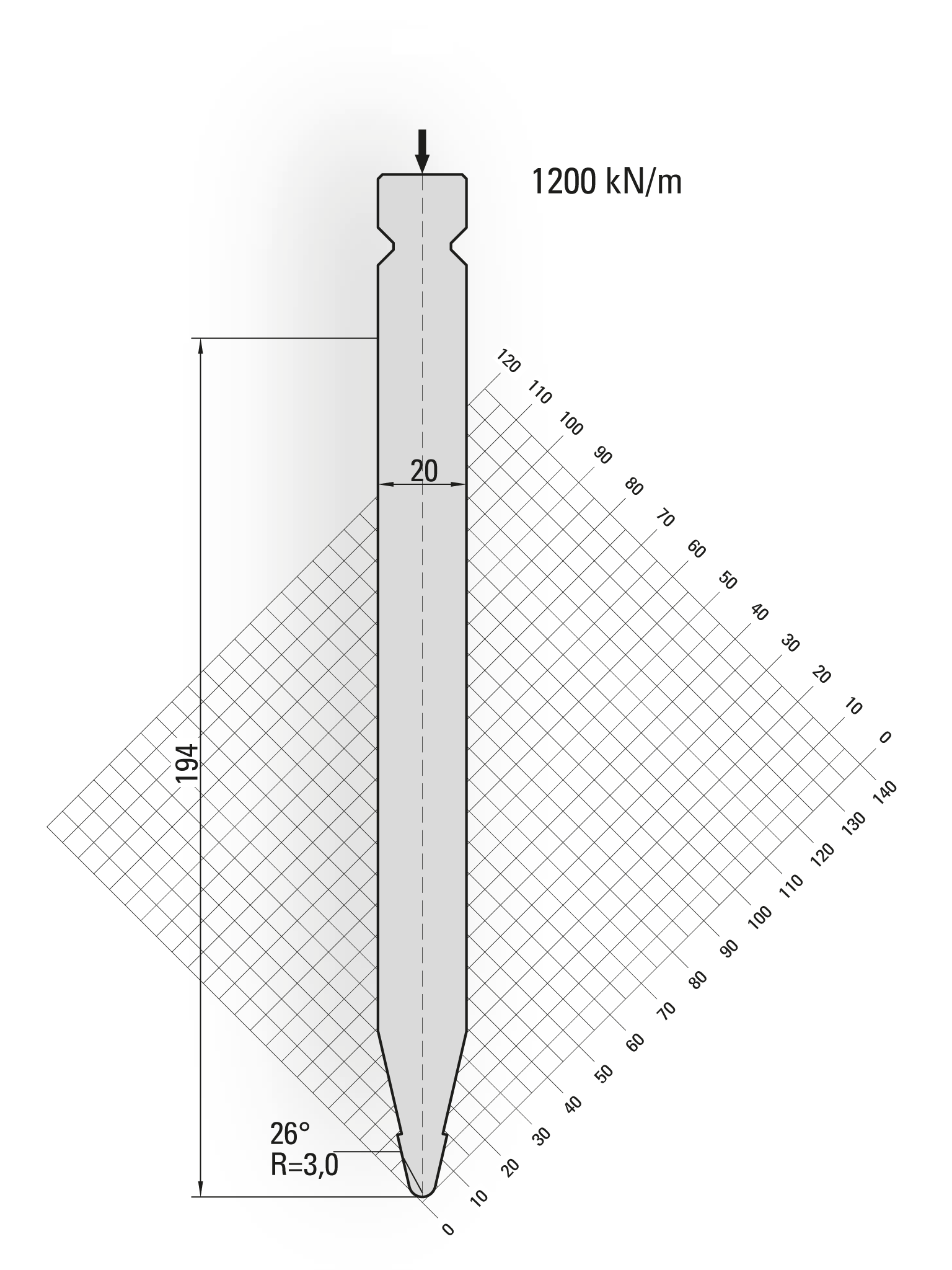 16.209-510-Pin 26° / R=3,0 / H=194 / L=510 mm
