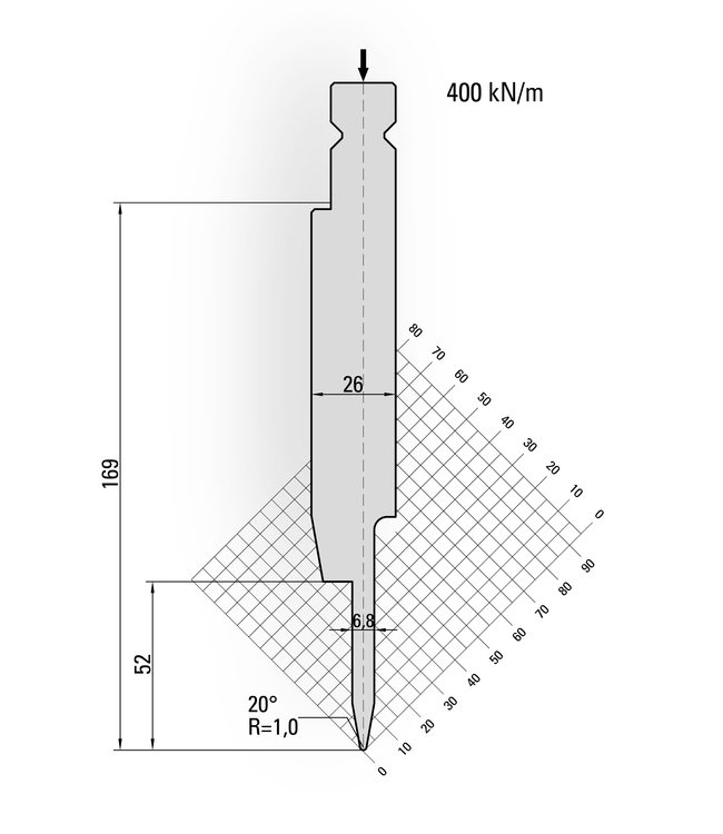 16.808-510-Pin Dichtdrukgereedschap / 20° / R=1,0 / H=169 / L=510 mm v.v Stiften
