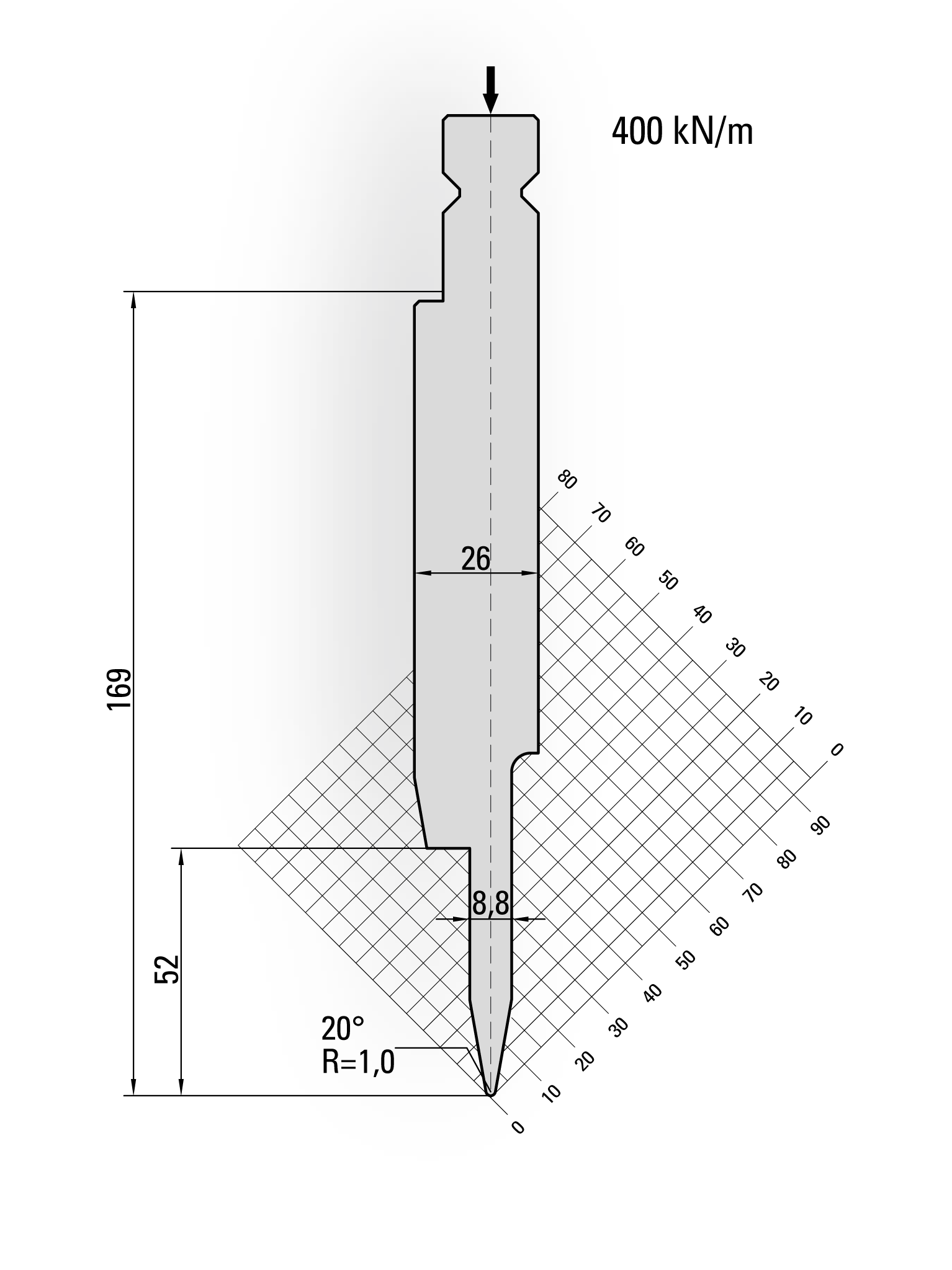 16.810-510-Pin Dichtdrukgereedschap / 20° / R=1,0 / H=169 / L=510 mm v.v Stiften