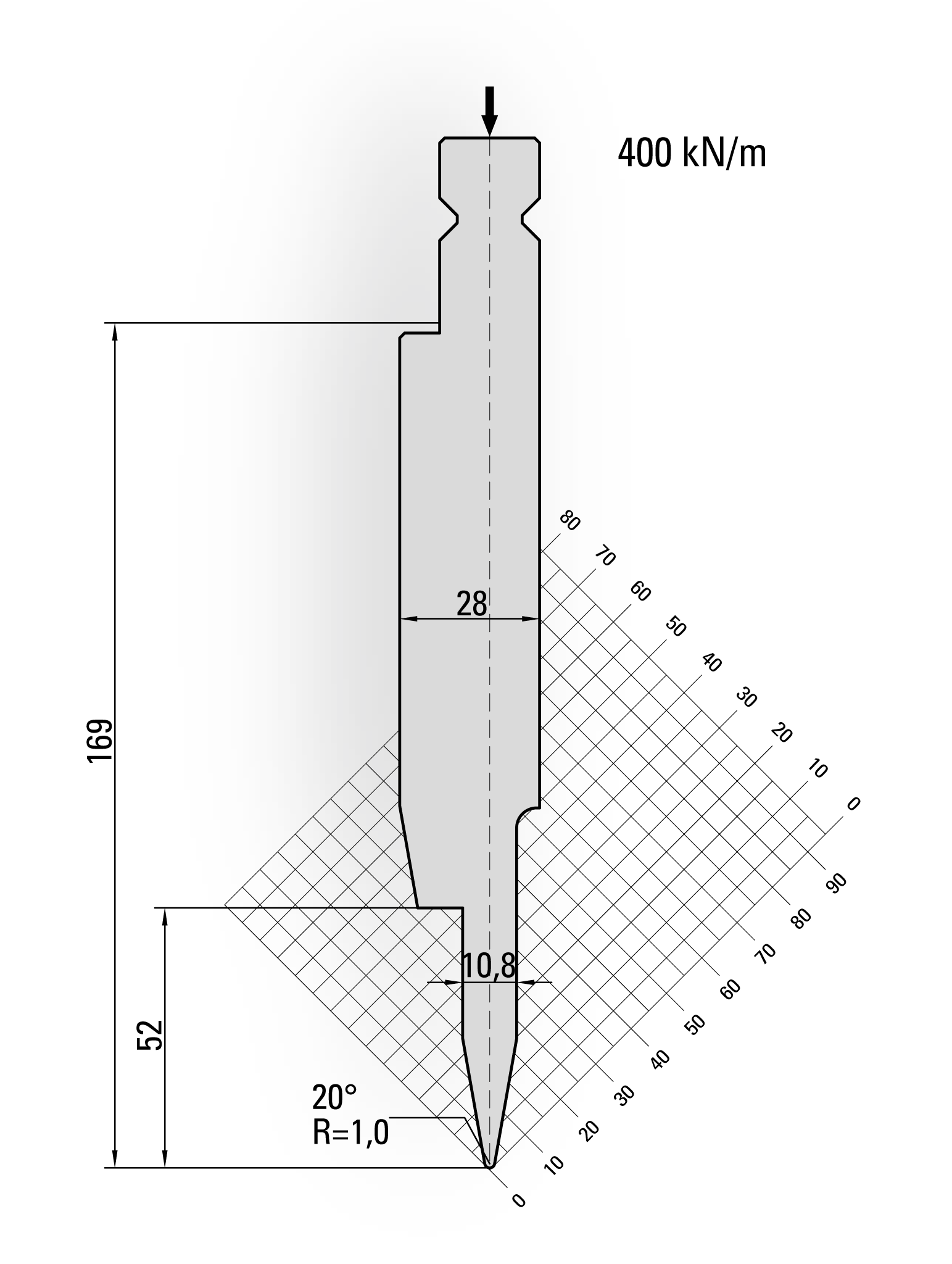 16.812-510-Pin Dichtdrukgereedschap / 20° / R=1,0 / H=169 / L=510 mm v.v Stiften