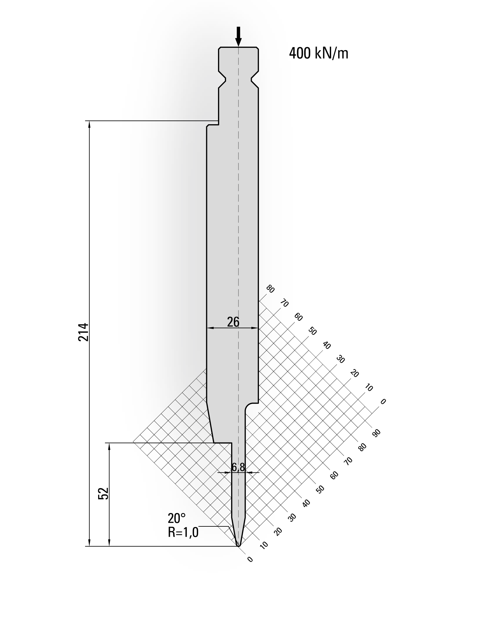 16.908-510-Pin Dichtdrukgereedschap / 20° / R=1,0 / H=214 / L=510 mm v.v Stiften