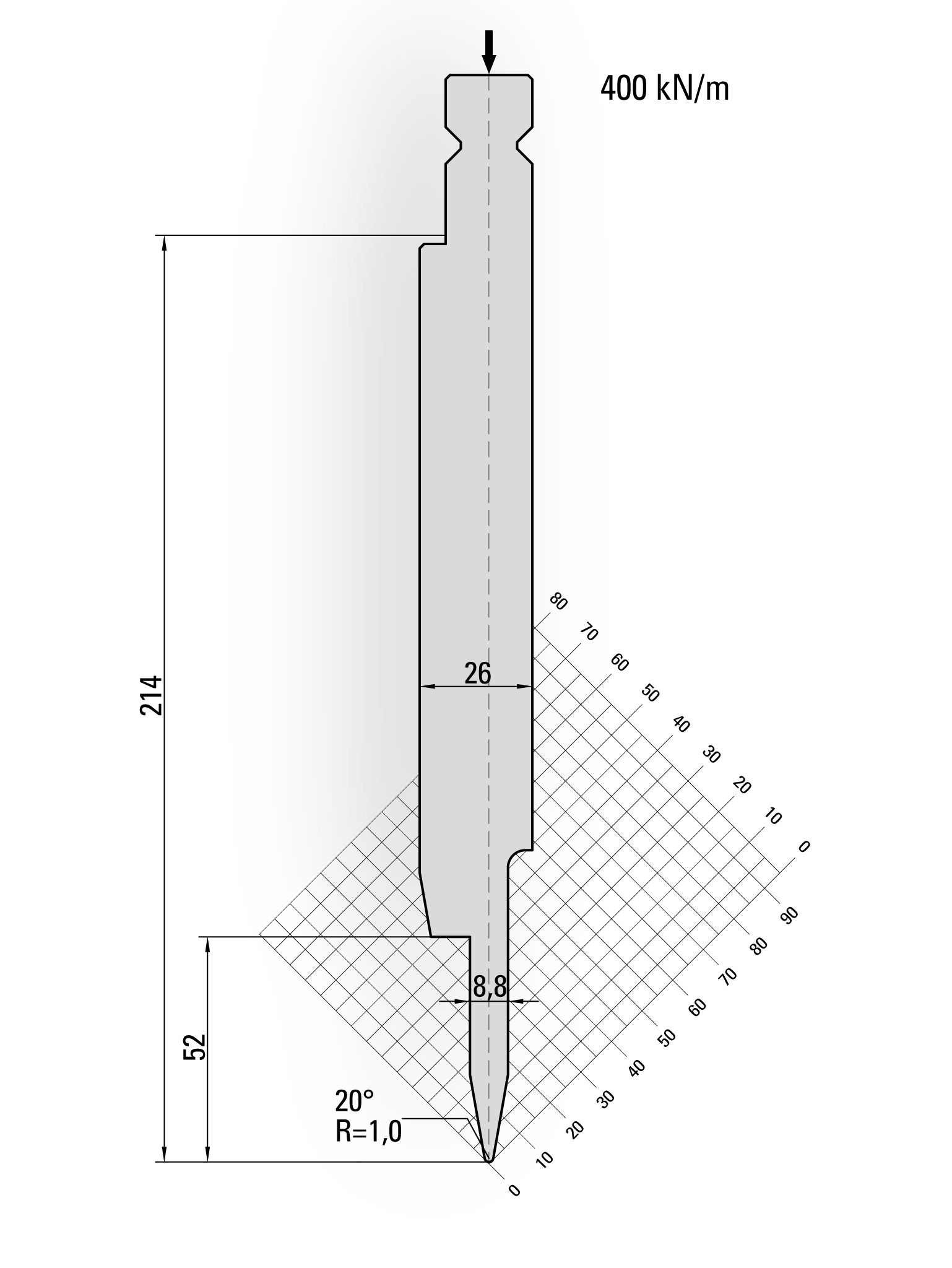 16.910-510-Pin Dichtdrukgereedschap / 20° / R=1,0 / H=214 / L=510 mm v.v Stiften