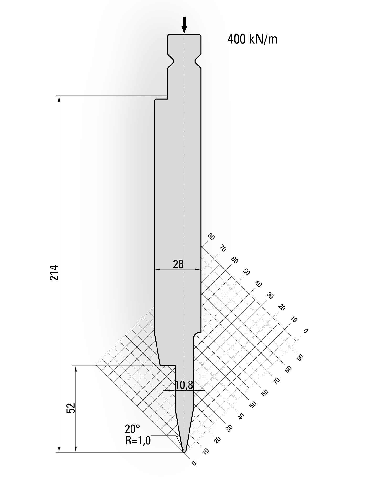 16.912-510-Pin Dichtdrukgereedschap / 20° / R=1,0 / H=214 / L=510 mm v.v Stiften