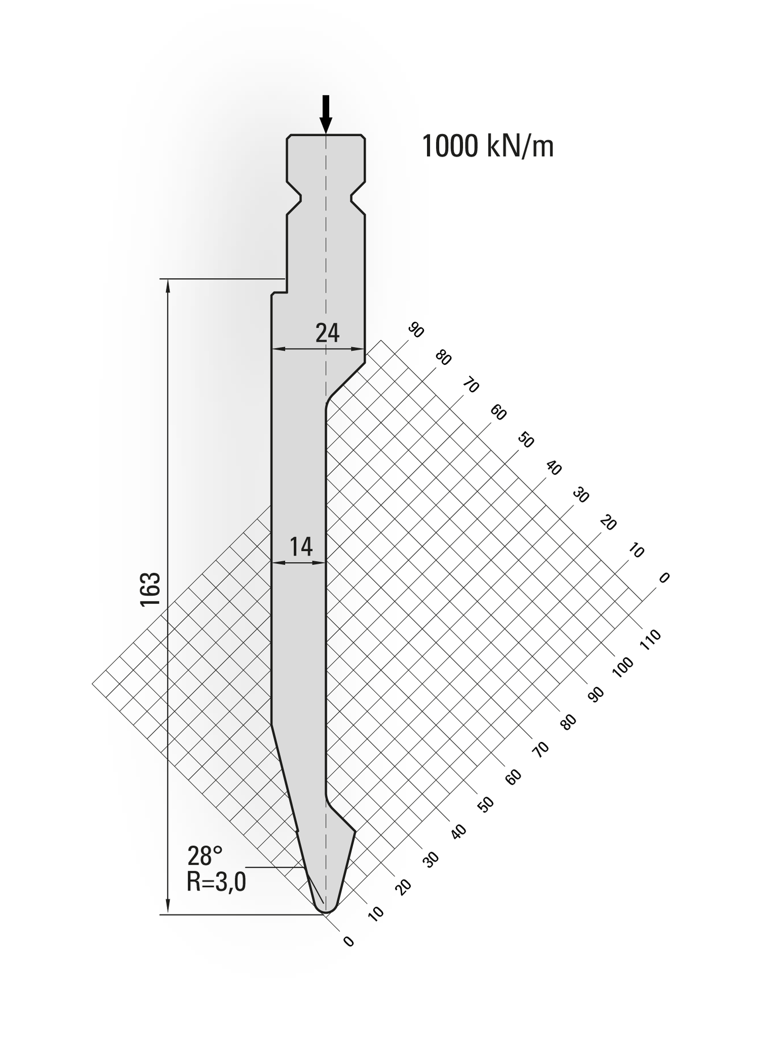 19.221-515 28° / R=3,0 / H=163 / L=515 mm