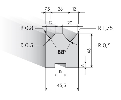 20.279-415 Centrische 2-V Matrijs / 88° / V=12+20 / L=415 mm
