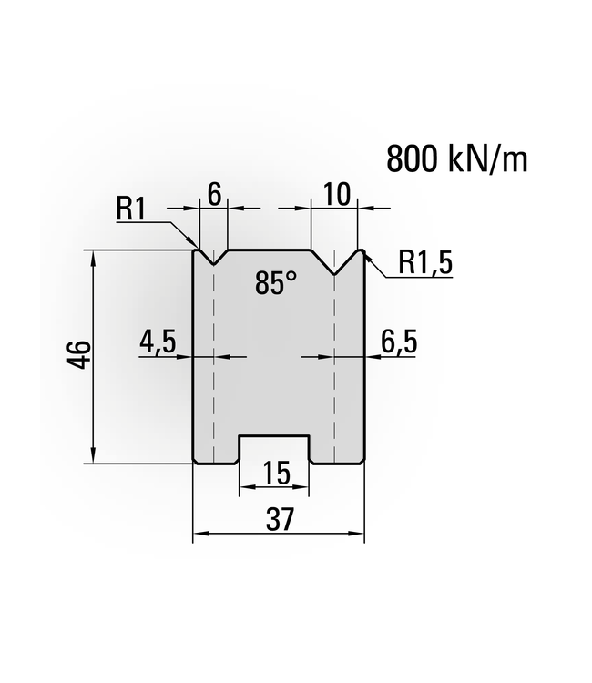 20.345-835 Centrische 2-V Matrijs / 85° / V=6+10 / L=835 mm