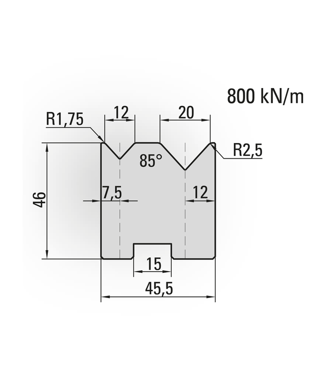 20.347-835 Centrische 2-V Matrijs / 85° / V=12+20 / L=835 mm