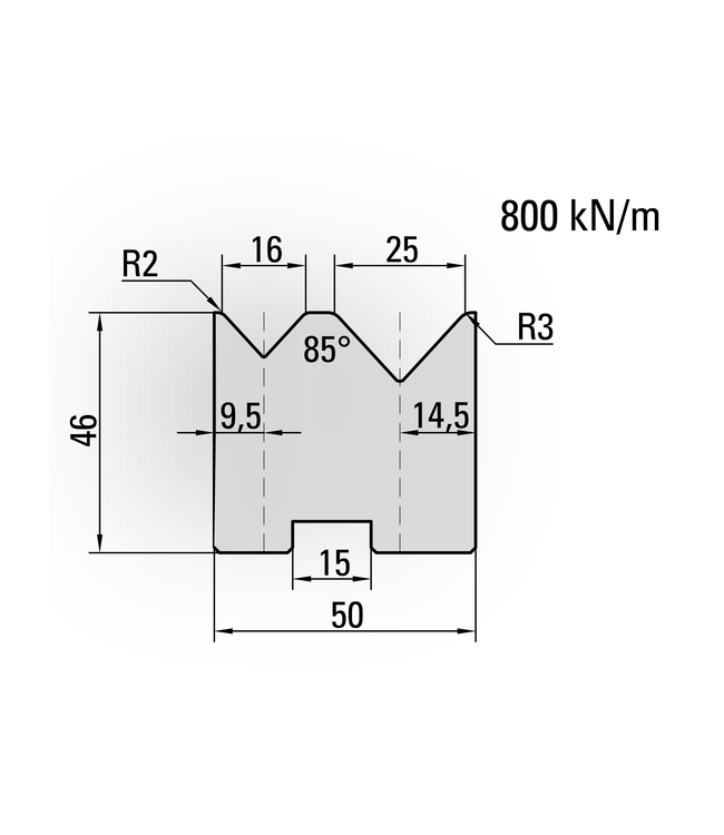 20.348-835 Centrische 2-V Matrijs / 85° / V=16+25 / L=835 mm