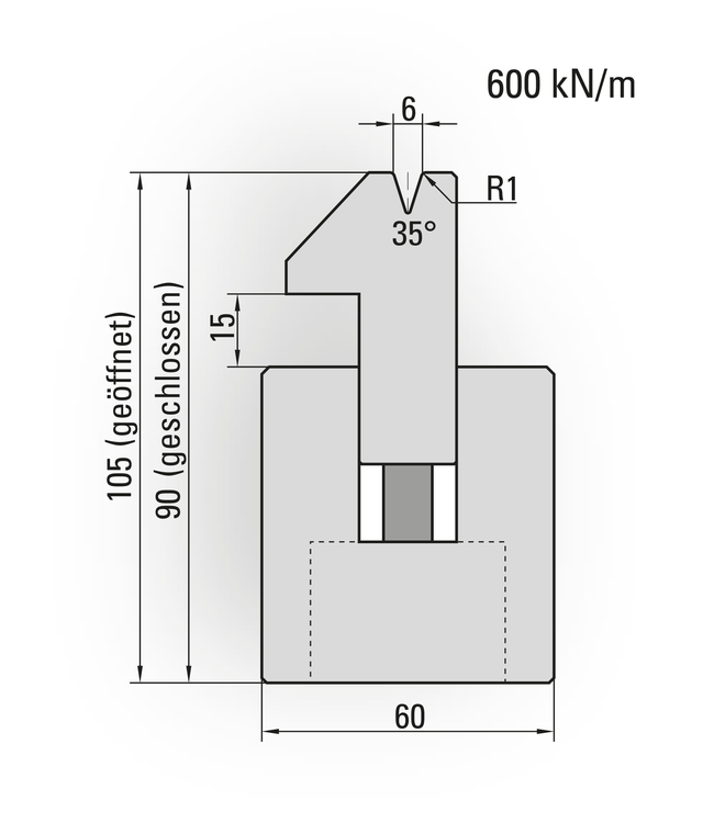 21.264-835 Pneum. Dichtdrukmatrijs / 35° / V=6 / R=1,0 / L=835 mm