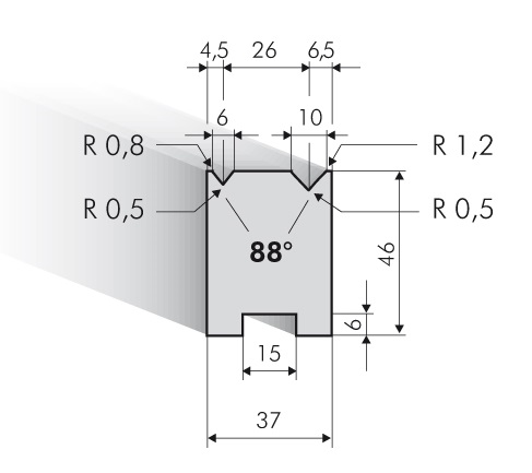 21.276-835 Centrische 2-V Matrijs / 88° / V=6+10 / L=835 mm