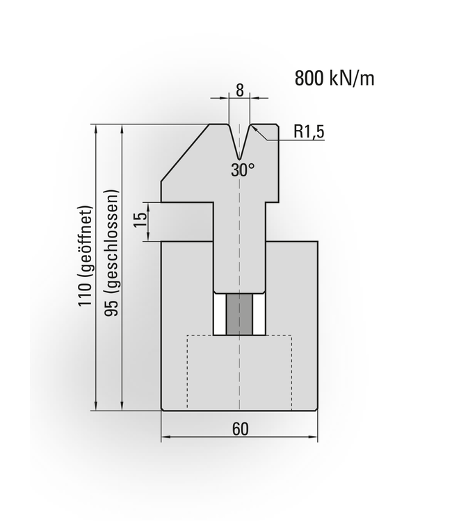 21.303-415 Pneum. Dichtdrukmatrijs / 30° / V=8 / R=1,5 / L=415 mm