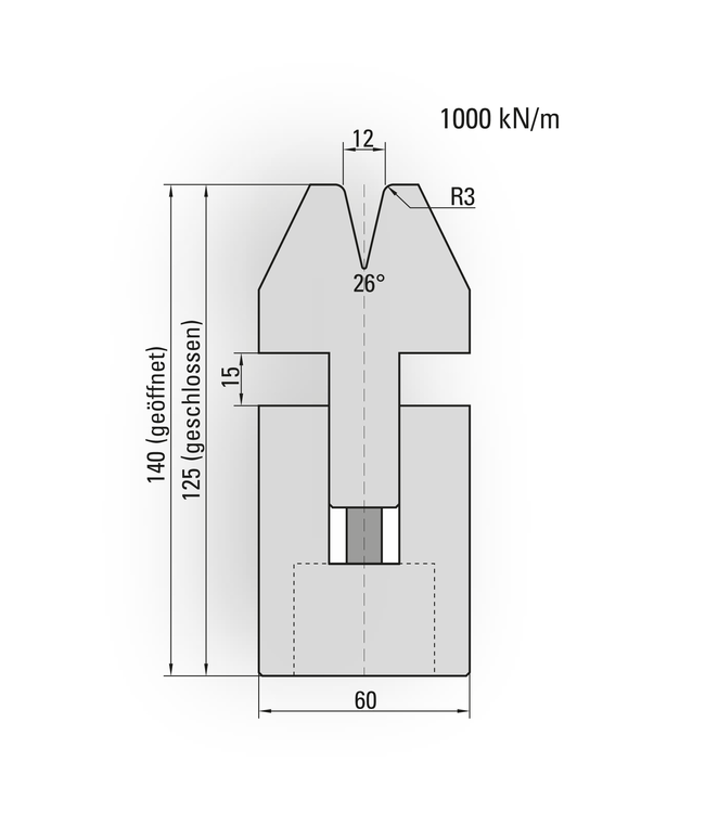 21.305-835 Pneum. Dichtdrukmatrijs / 26° / V=12 / R=3,0 / L=835 mm