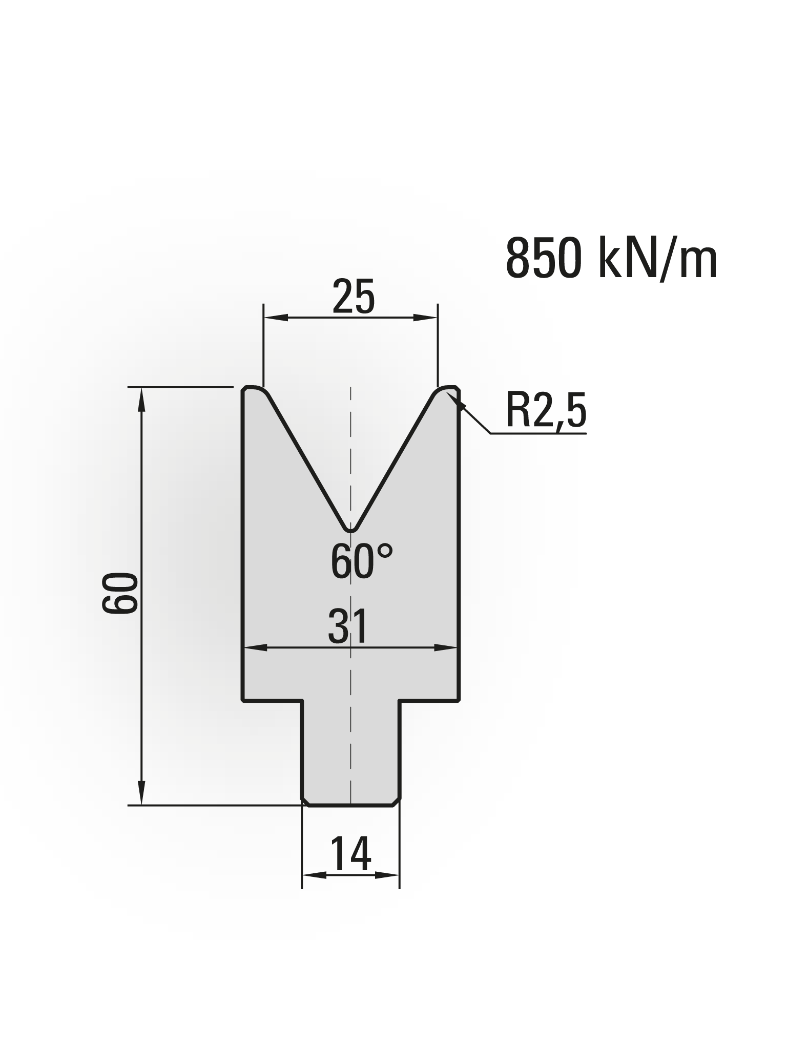 22.625-835 1-V Matrijs / 60° / V=25 / L=835 mm