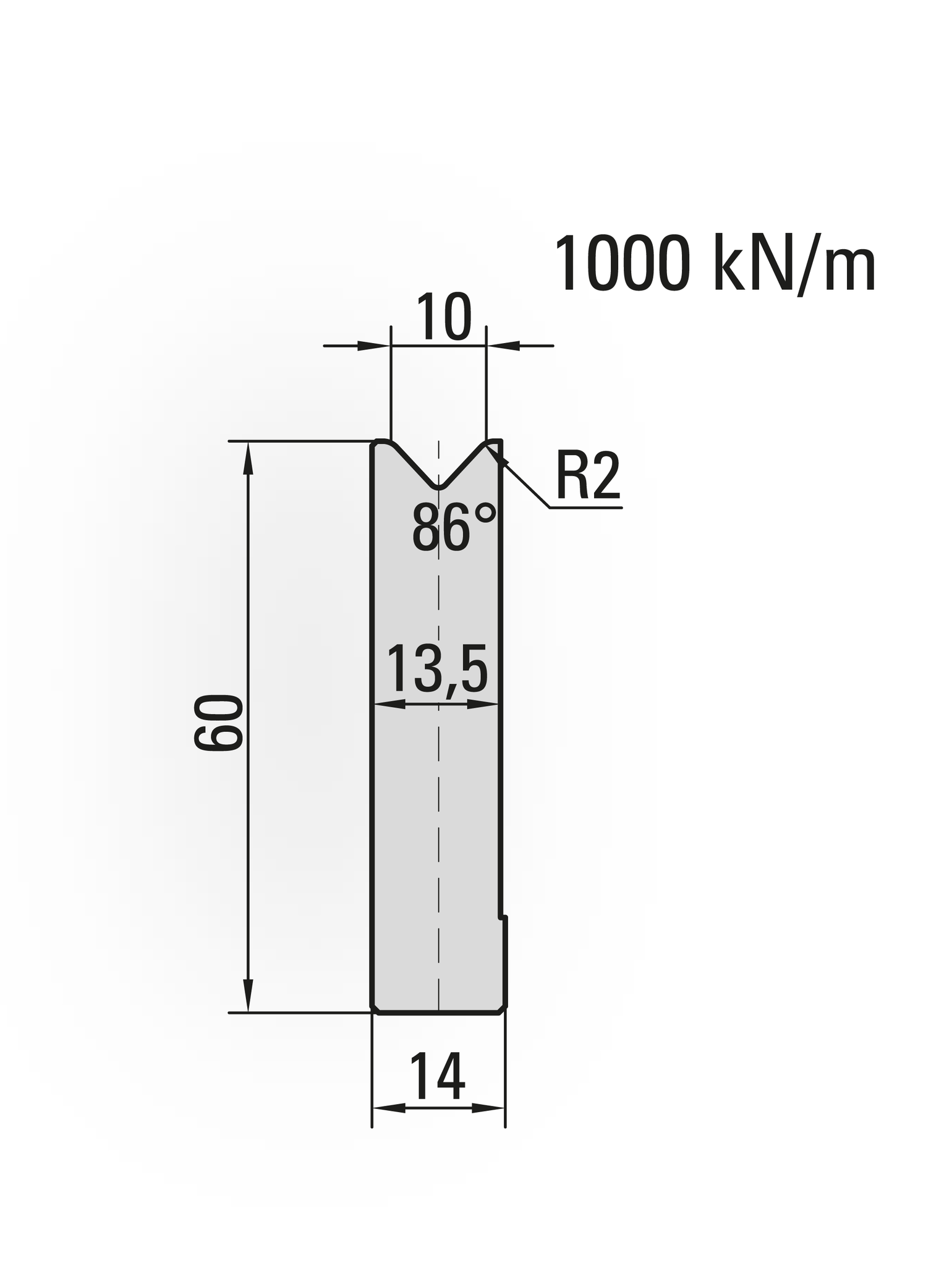 22.910-835 1-V Matrijs / 86° / V=10 / L=835 mm