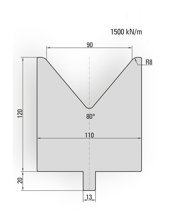25.114-500 1-V Matrijs / 80° / V=90 / L=500 mm
