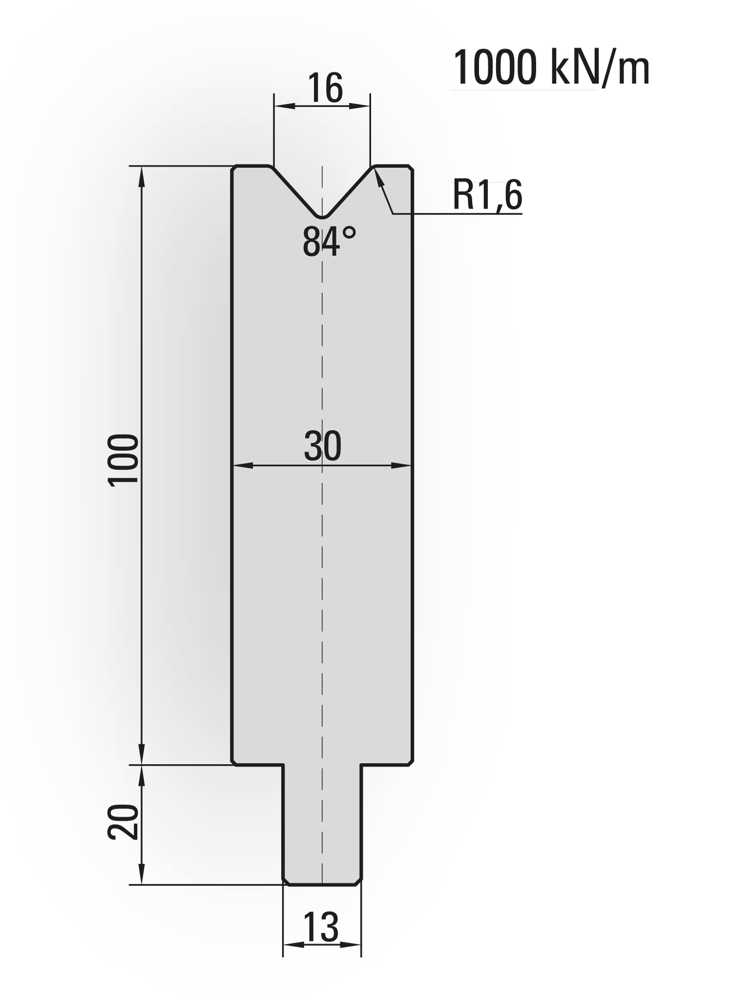 25.205-500 1-V Matrijs / 84° / V=16 / L=500 mm