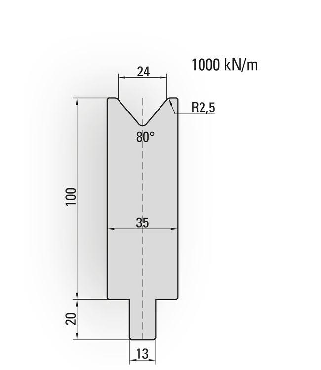 25.207-500 1-V Matrijs / 80° / V=24 / L=500 mm