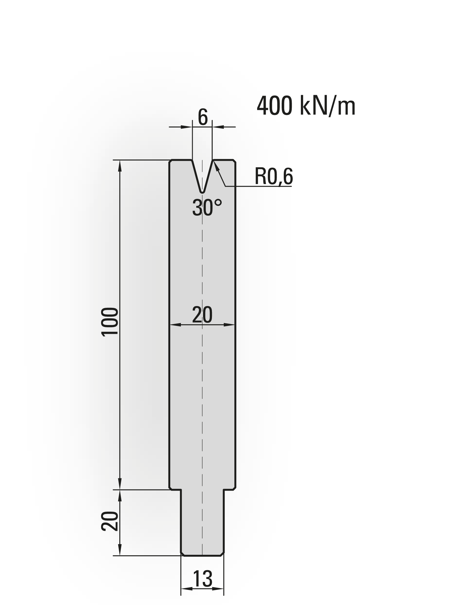 25.401-500 1-V Matrijs / 30° / V=6 / L=500 mm