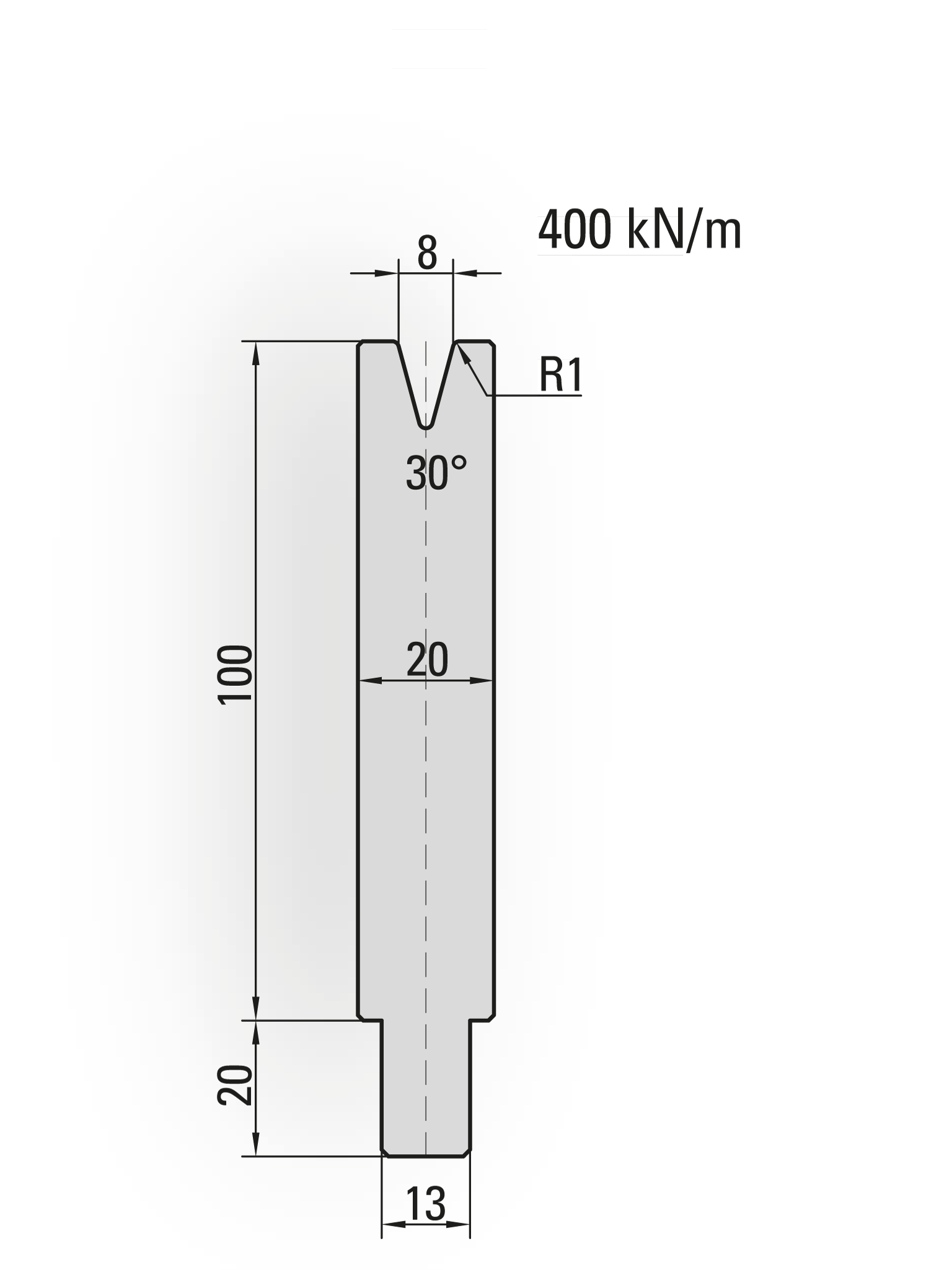 25.402-500 1-V Matrijs / 30° / V=8 / L=500 mm