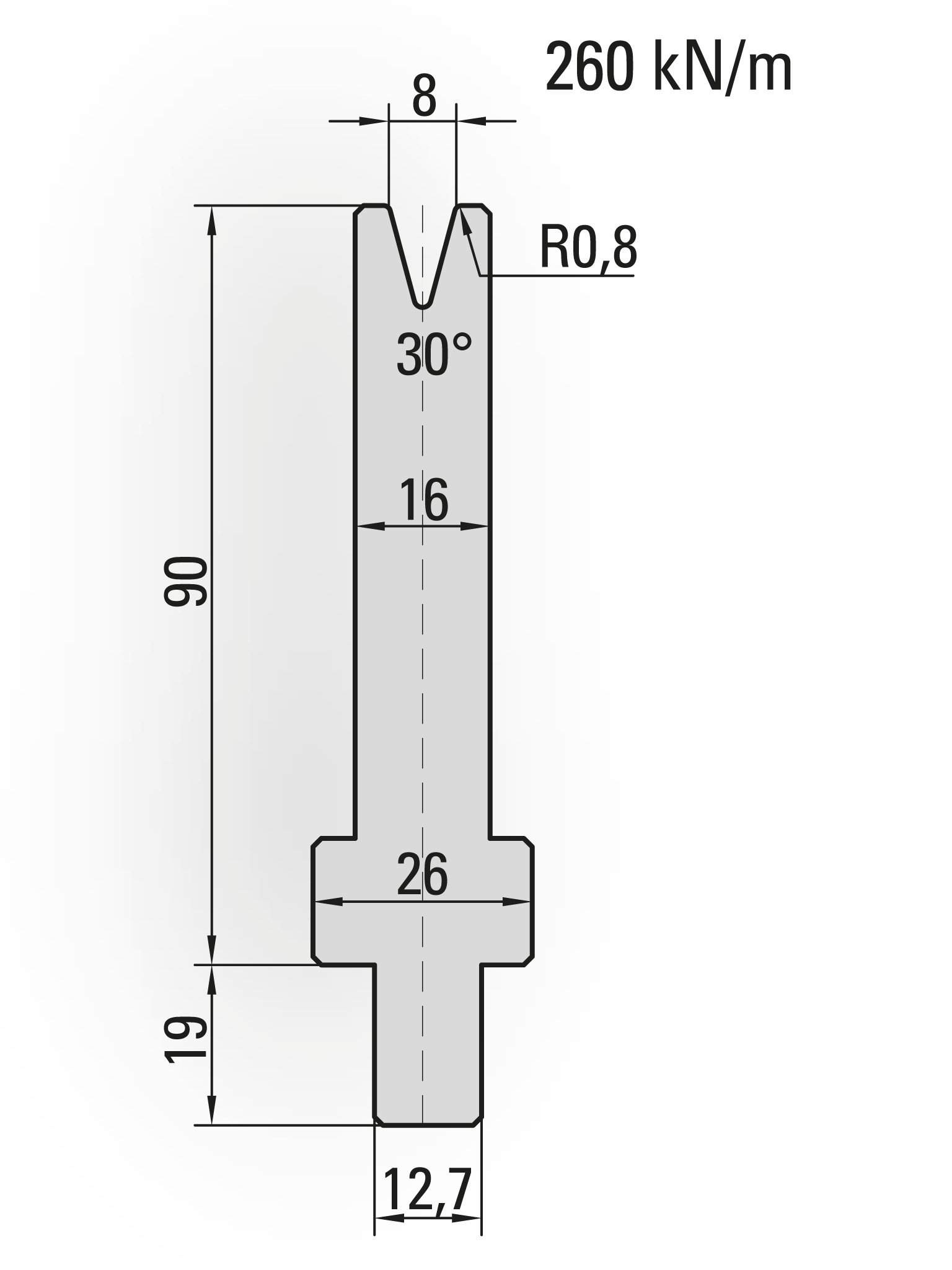 26.201-510 1-V Matrijs / 30° / V=8 / L=510 mm