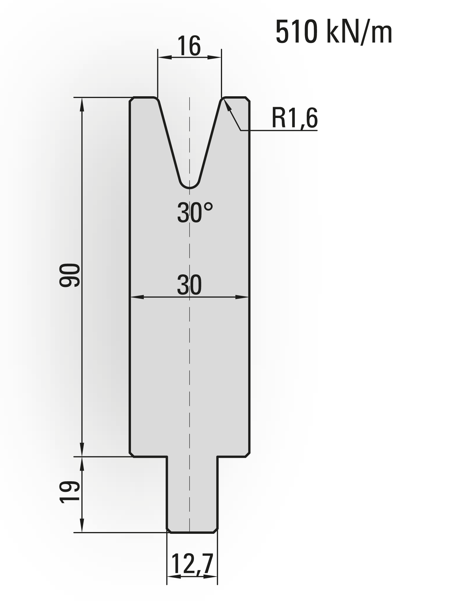 26.204-510 1-V Matrijs / 30° / V=16 / L=510 mm