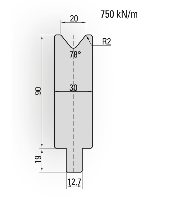 26.216-510 1-V Matrijs / 78° / V=20 / L=510 mm
