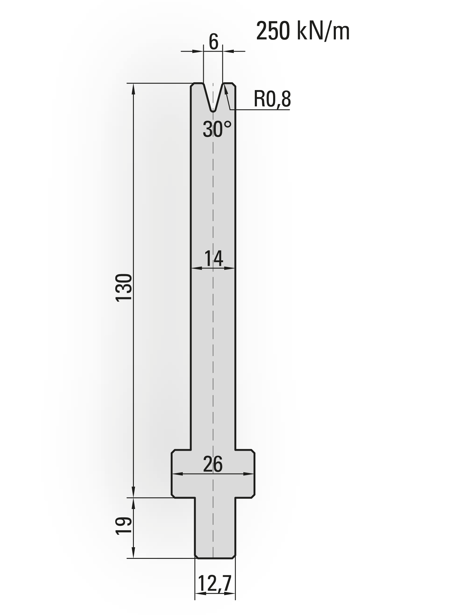26.250-510 1-V Matrijs / 30° / V=6 / L=510 mm