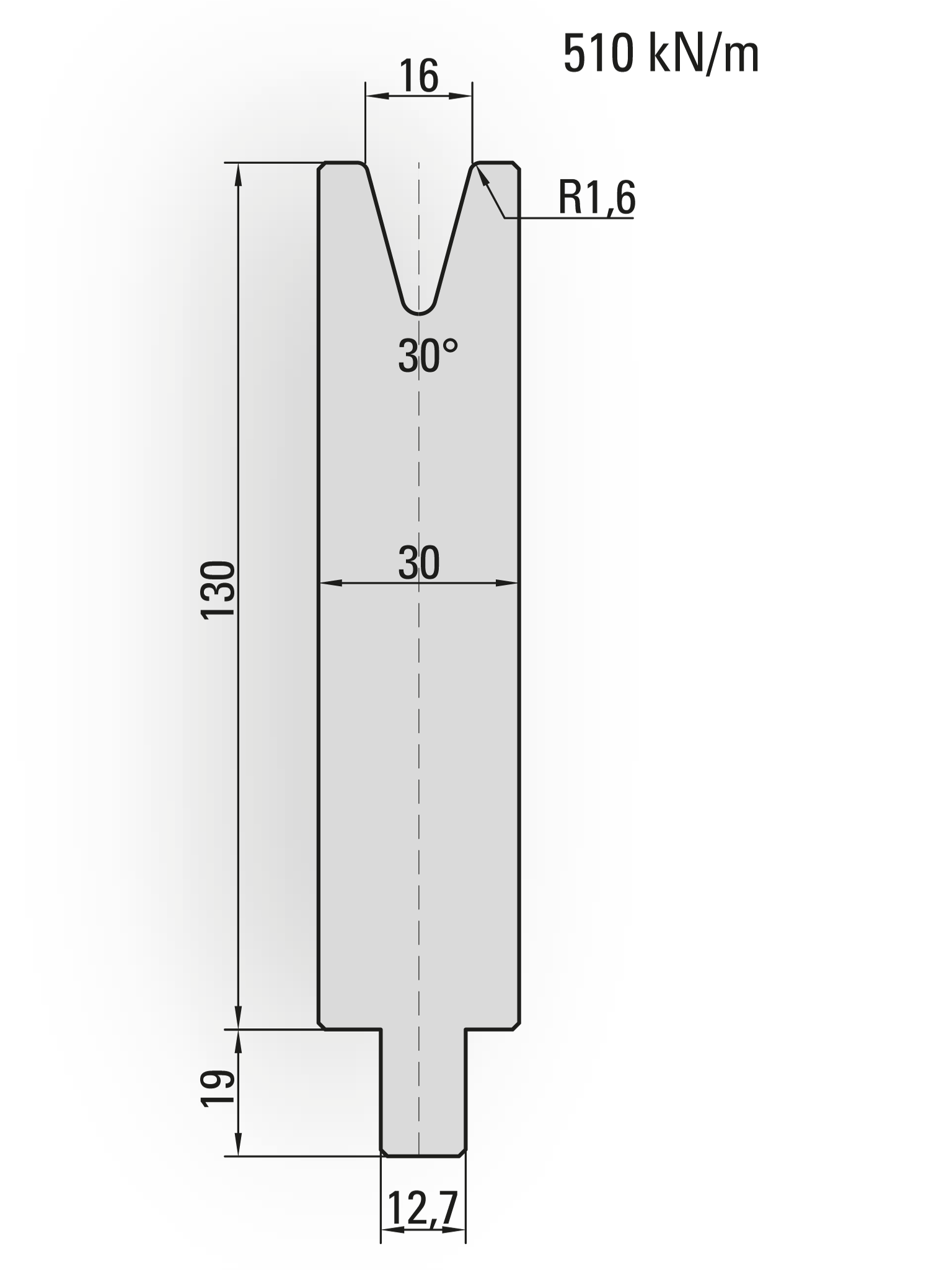 26.254-510 1-V Matrijs / 30° / V=16 / L=510 mm