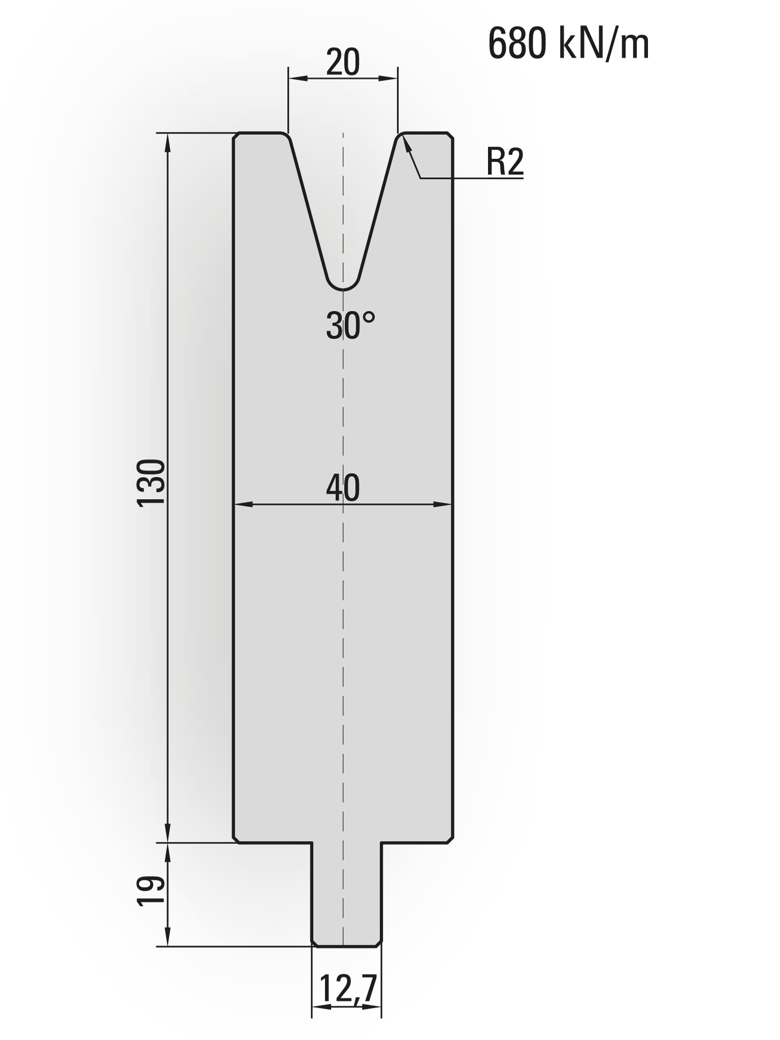 26.255-510 1-V Matrijs / 30° / V=20 / L=510 mm