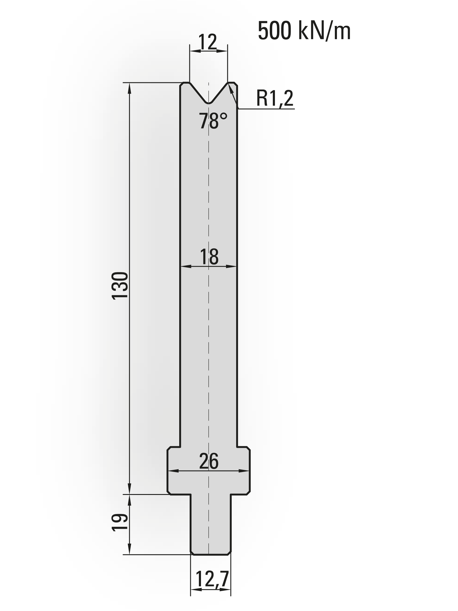 26.265-510 1-V Matrijs / 78° / V=12 / L=510 mm