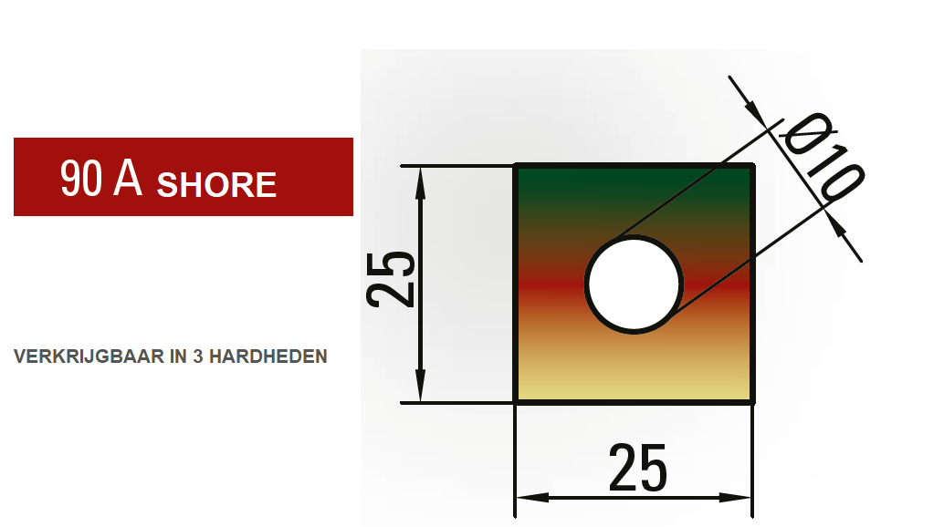 35.190-835 PU-Kussen+kerngat 25x25 / 90 Shore / L=835 mm