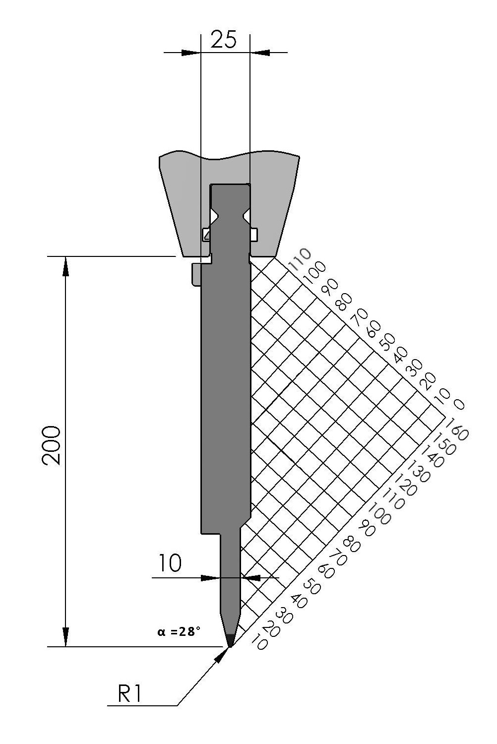 W101586 BIU-053/1 - 28° - R=1,0 - H=200 - L=515 mm