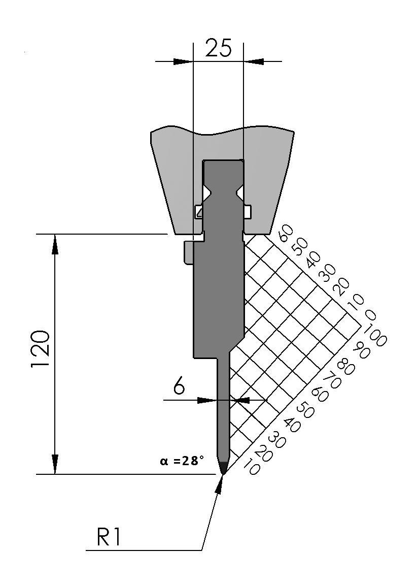 W101594 BIU-061/3 - 28° - R=1,0 - H=120 - L=200 mm ged.
